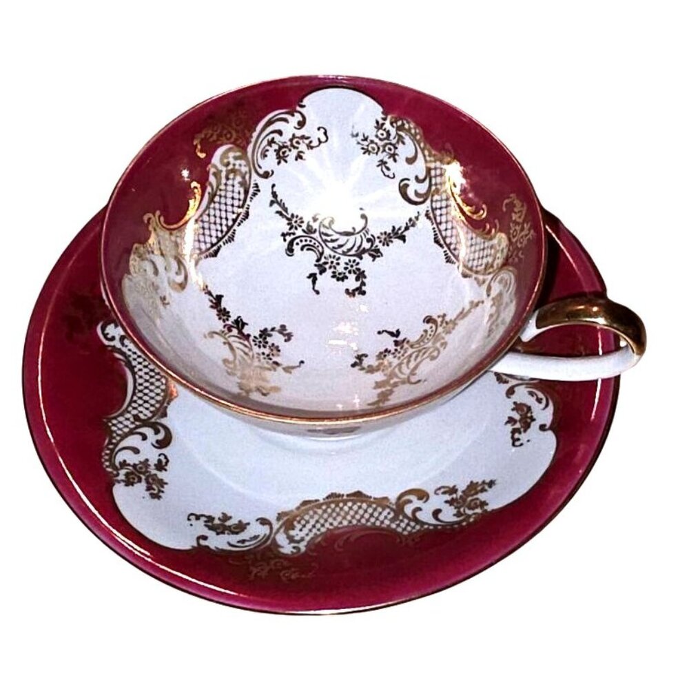 Vintage Tea Cup & Saucer Bareuther Bavaria Porcelain Red &‎ Gold